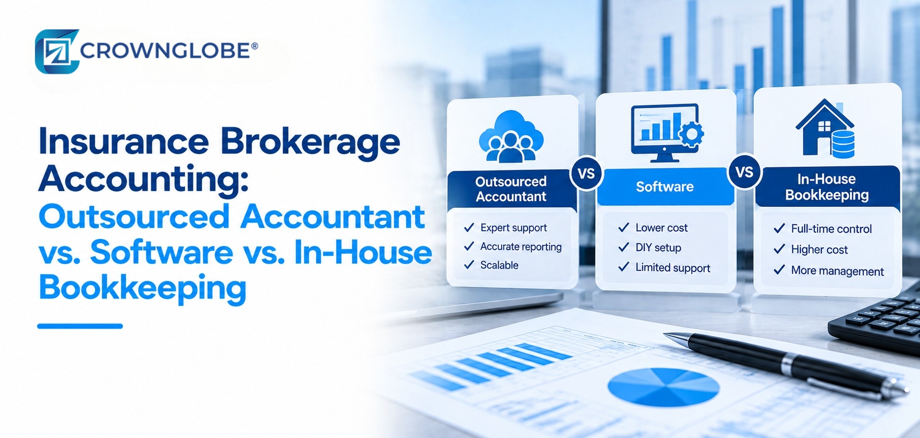 Insurance brokerage leaders comparing outsourced accounting, software led bookkeeping, and in house finance models