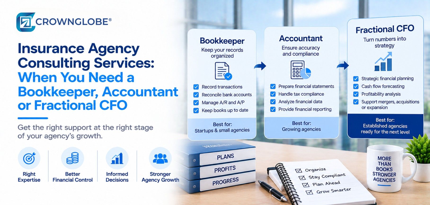 Insurance agency owner comparing bookkeeper, accountant, and fractional CFO support levels