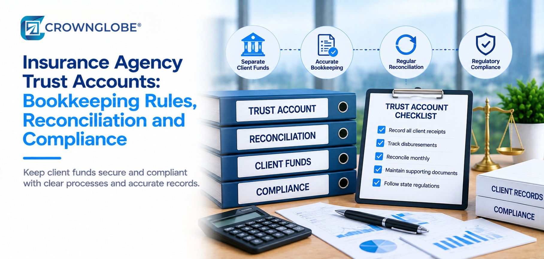 Insurance agency owner reviewing premium trust account records, carrier payables, and reconciliation details