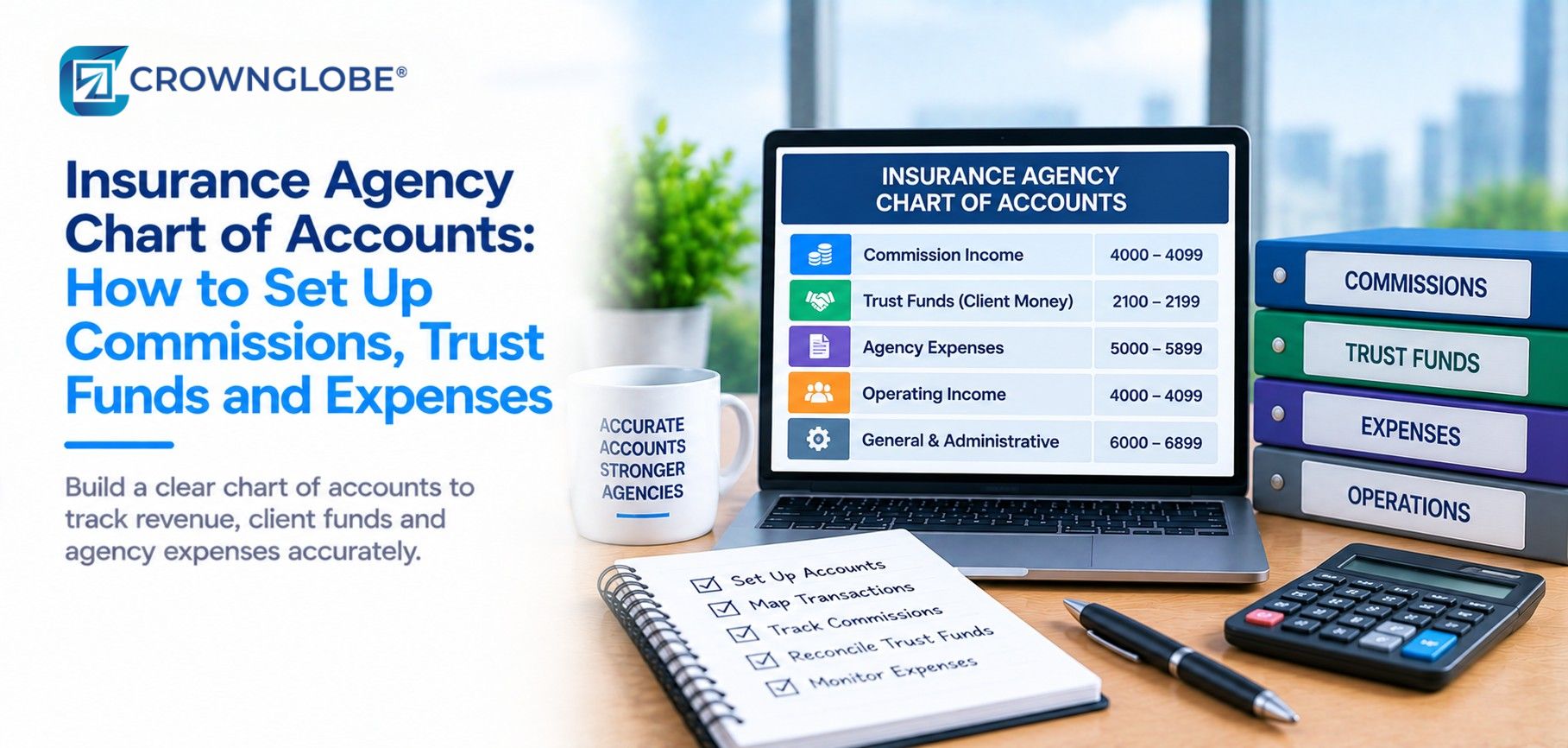 Insurance agency owner reviewing a QuickBooks chart of accounts for commissions, trust funds, carrier payables, and expenses