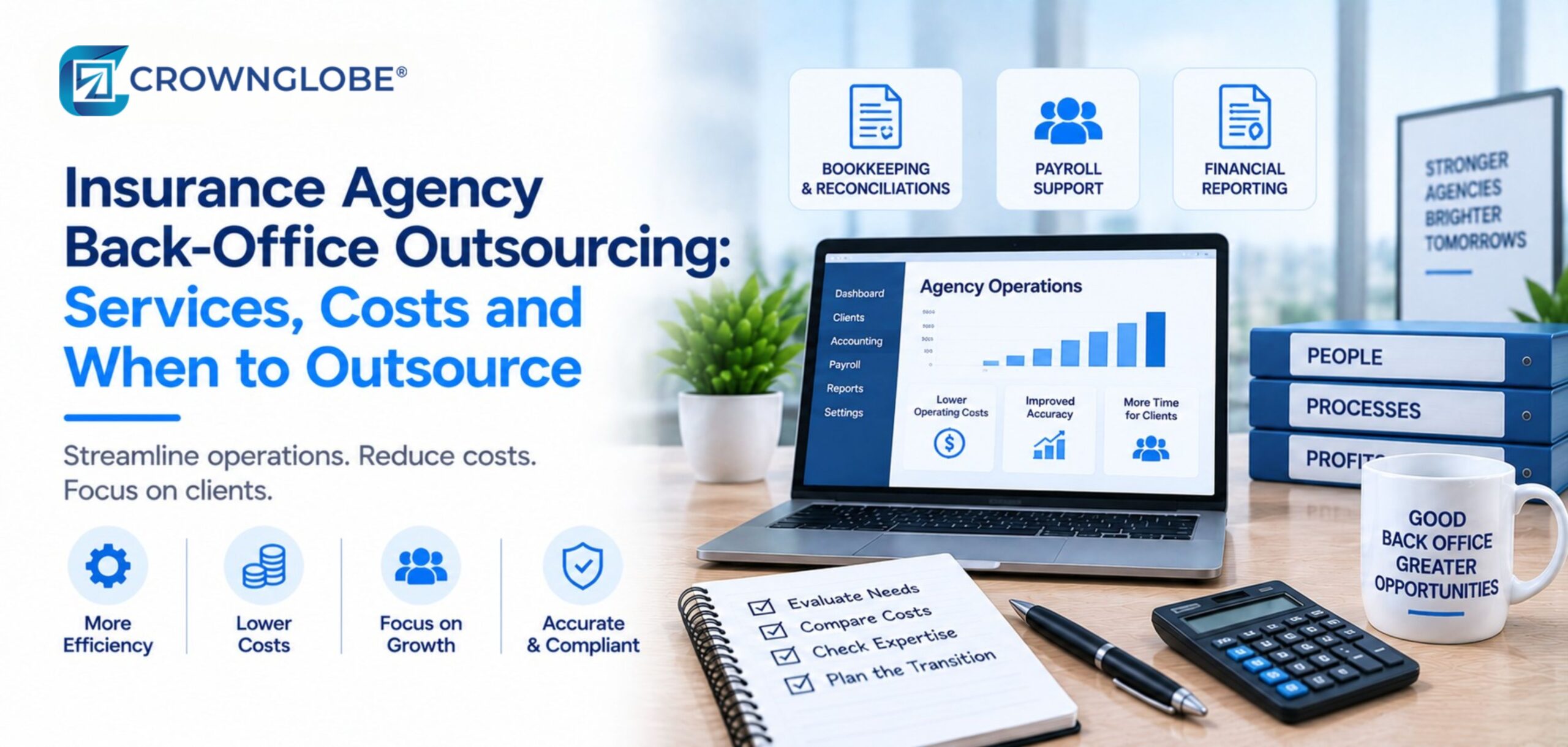 Insurance agency operations team reviewing back office outsourcing scope, controls, and provider responsibilities