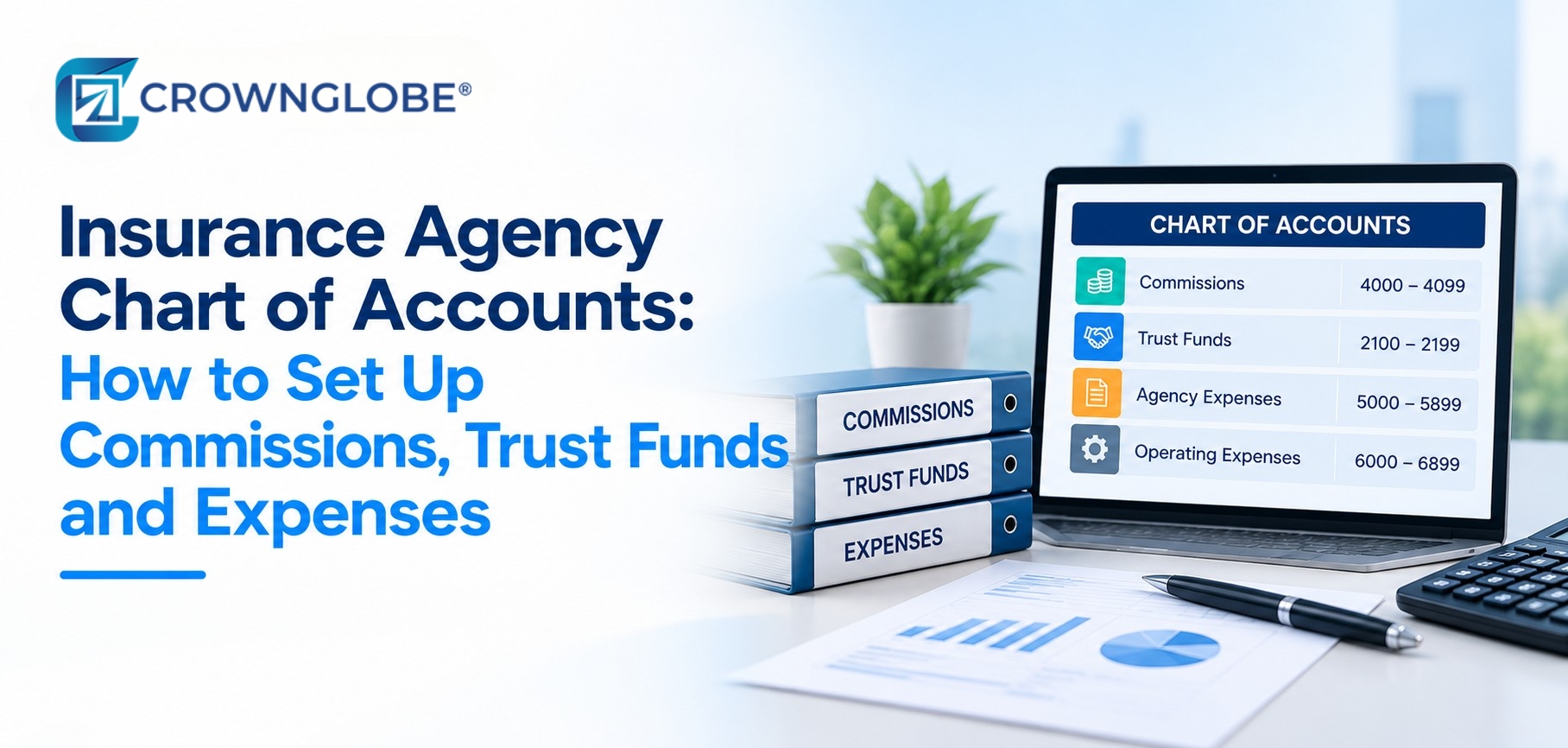 Insurance agency owner reviewing a QuickBooks chart of accounts for commissions, trust funds, carrier payables, and expenses