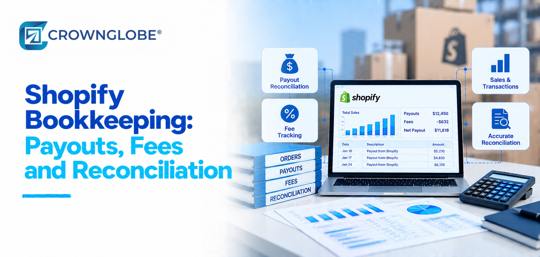 Shopify bookkeeping dashboard with payout reconciliation, fee tracking, sales reports, and accounting records.